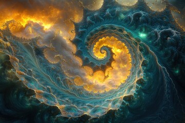Abstract swirling fractal art depicting a fiery golden spiral within a teal, wave-like cosmic landscape.