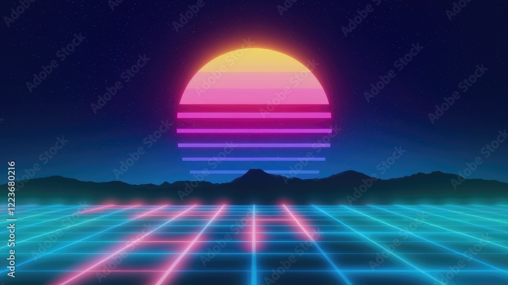 Aufkleber a retrostyle sunset with a grid pattern in front of mountains.