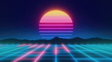 A retrostyle sunset with a grid pattern in front of mountains.