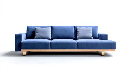 Modern blue sofa, wooden legs, studio shot, white background, home decor