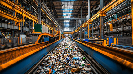 Fototapeta premium Inside a modern waste disposal plant with clean, organized conveyor systems sorting waste efficiently.