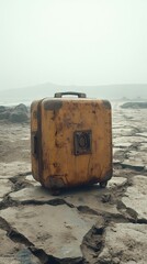 Weathered Yellow Suitcase on Foggy Rocky Landscape, Symbolizing Adventure, Mystery, and Travel Narrative in a Remote Deserted Environment