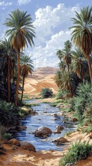 Obraz premium Serene Oasis Landscape with Lush Palm Trees, Flowing Stream, and Golden Desert Dunes under Blue Sky - Perfect Nature Scene for Travel and Relaxation Enthusiasts