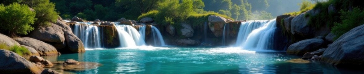 Fototapeta premium Shimmering waterfalls cascade into a crystal-clear pool, stillness, serene