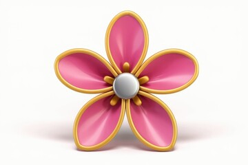 A stylized pink flower with gold outlines and a silver center.