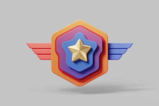 A 3D render of a colorful badge with a gold star and wings.