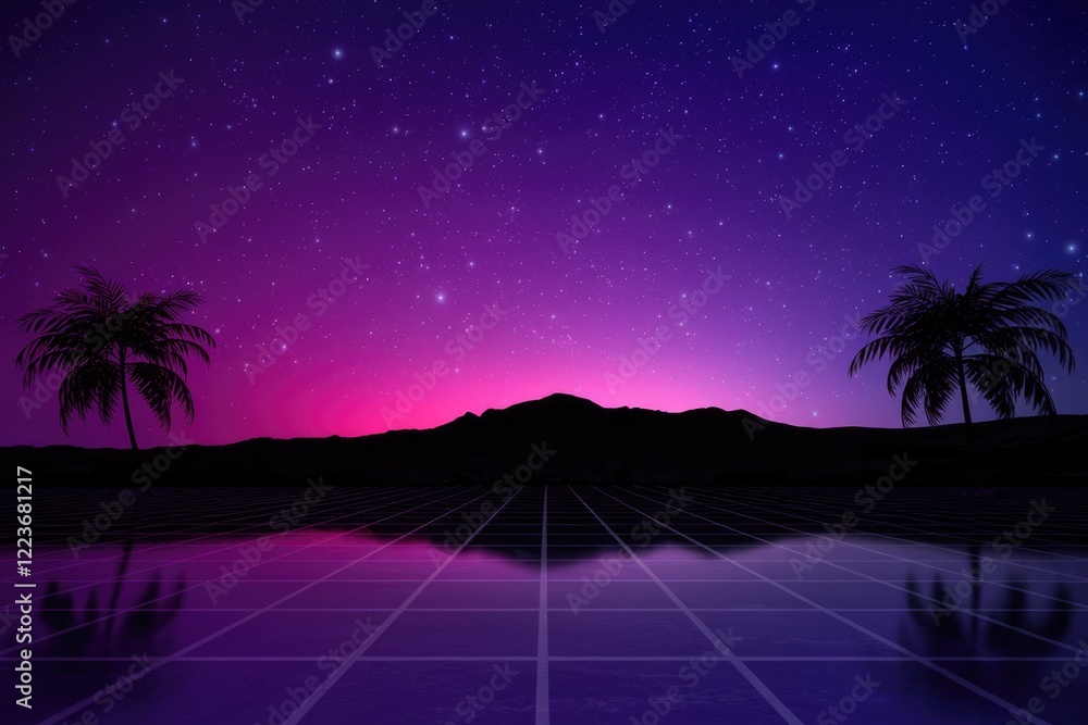Aufkleber a retrofuturistic landscape with palm trees and a gridded reflection under a starry sky.