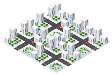 Modern isometric city center with skyscrapers and trees covered by snow
