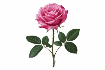 Fototapeta premium A single pink rose with green leaves and thorns on a white background.