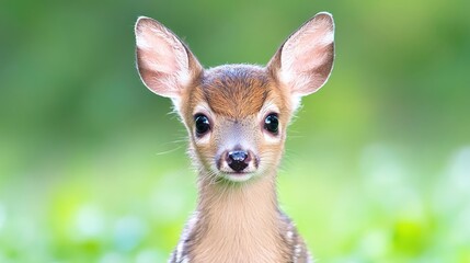 Obraz premium Adorable fawn in a lush green meadow. Perfect for children's books or nature documentaries