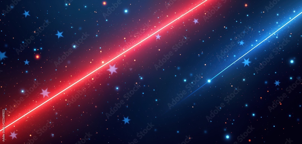 Aufkleber Dynamic glowing red, blue backdrop with diagonal light rays. Stars scattered throughout background create sense of space, motion. Futuristic graphic design evokes feeling of energy, speed. Abstract