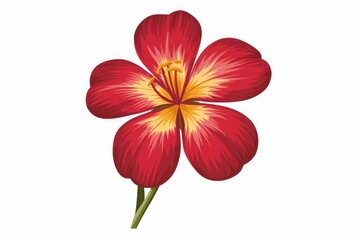 Fototapeta premium A single red flower with yellow center and green stem, isolated on white background.