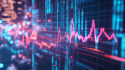 Analytics graphs displaying numerical data with vibrant colors and patterns during a financial analysis presentation in a modern workspace. Generative AI