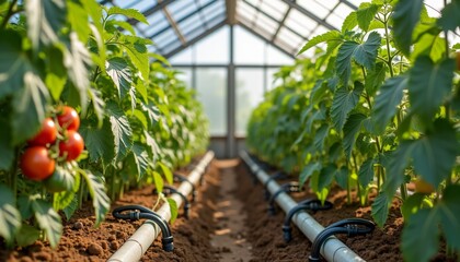 Tomato plants with ripe fruits and drip irrigation in a greenhouse.