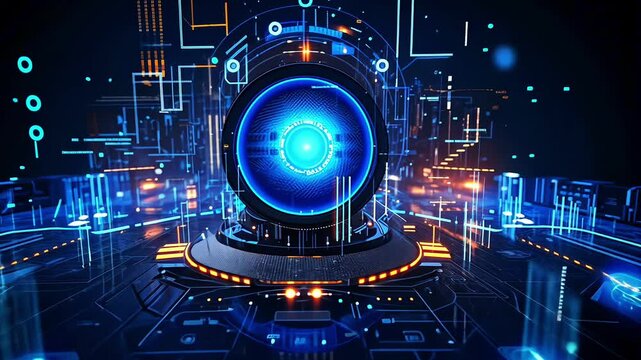 Complex technological platform rotating, displaying intricate digital data streams and futuristic design elements