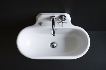 Fototapeta premium A white ceramic sink with a chrome faucet and drain on a black wall.
