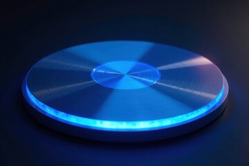 Shining blue light disc in sleek metallic circle, glow, reflective, metallic