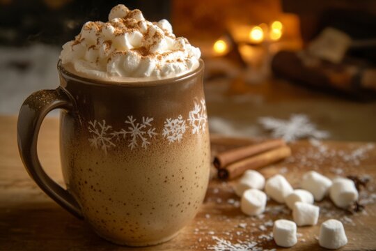 Cozy Winter Scene with Hot Chocolate in a Snowflake Mug Topped with Whipped Cream and Cinnamon, Surrounded by Marshmallows and Cinnamon Sticks on a Wooden Surface