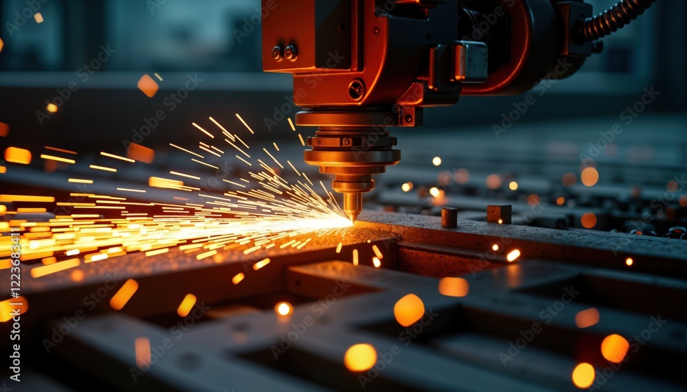 Poster industrial cutting machine tool produces sparks cutting metal. manufacturing process in action. mode