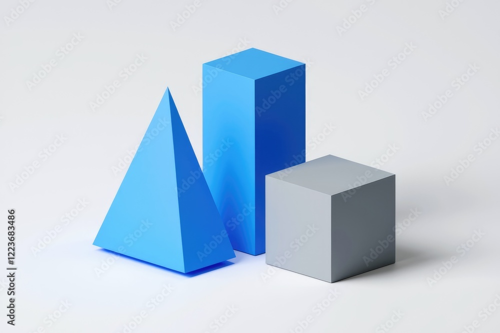 Poster a blue pyramid and cube with a gray cube in the background.