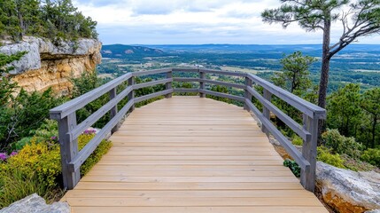 Obraz premium Hilltop wooden viewing platform overlooking valley. Travel brochure use