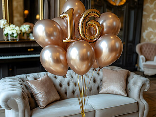 16th Birthday Celebration Concept with Balloons, Cake, and Numbers 16