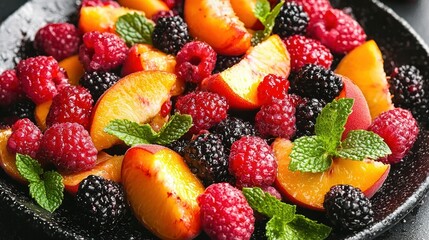 Obraz premium Summer Peach & Berry Salad, Dark Plate, Closeup