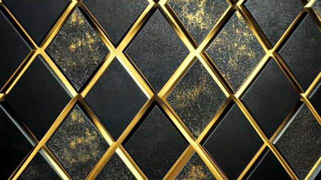 Black and gold diamond patterned wall. The pattern is made up of many small diamonds. The wall is made of a dark material