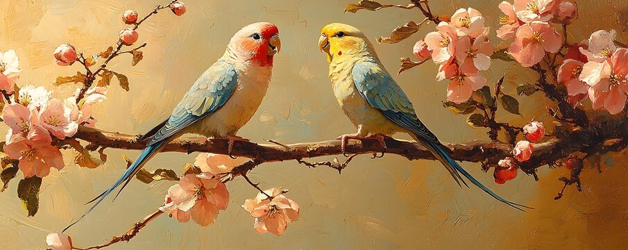 Scene a pair parakeets chirping merrily in a blooming apple tree, the blossoms vibrant around them