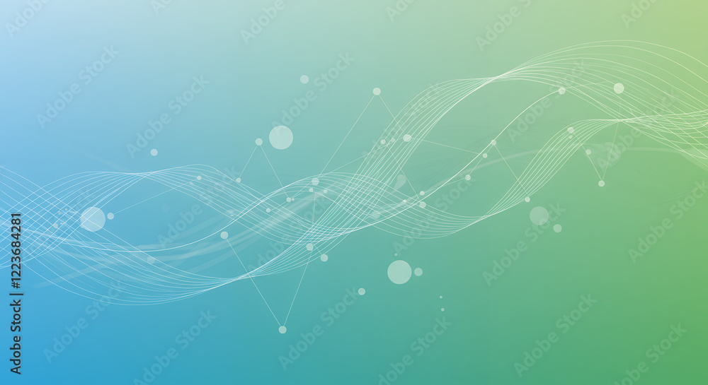 Poster abstract teal and green wave background with connecting lines and dots