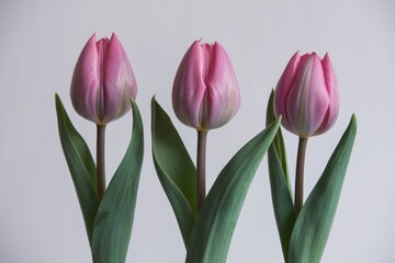 Three pink tulips with green leaves against a white background.