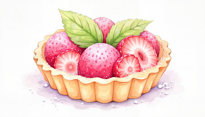 Colorful fruit tart with strawberries and mint leaves, watercolor style
