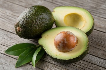 A whole avocado and two halved avocados with leaves on a wooden surface.