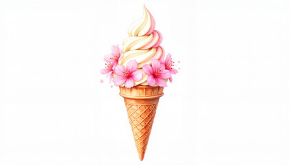 Delicious vanilla ice cream cone with cherry blossoms, sweet delight