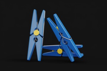 Three blue wooden clothespins with yellow springs on a transparent background.