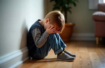 Sad boy sits on floor with head in hands. Child appears upset, stressed. Indoor setting suggests home environment. Possible issues include bullying, depression family problems. Child seems anxious