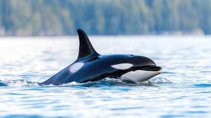 Fototapeta premium Orca surfacing in ocean, coastal forest background; wildlife photography