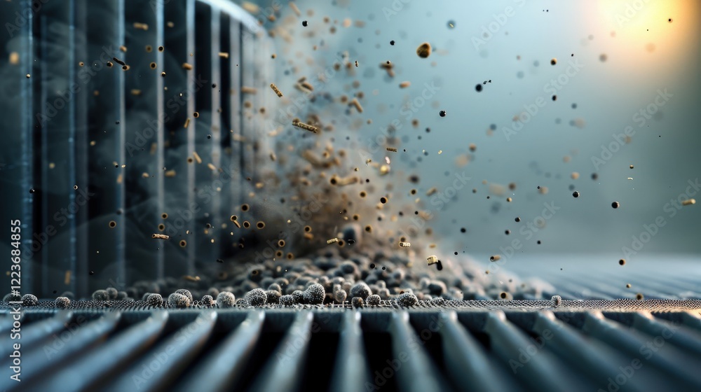 Poster air pollution pm2.5:dynamic dust particles emanating from surface in soft light