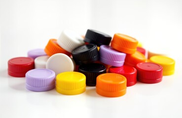 Colorful plastic bottle caps, jars create pile on white background. Variety of colors shows eco-friendly concept. Reusable caps for bottles. Plastic material collection. Many caps, jars present