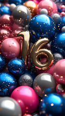 16th Birthday Celebration Concept with Balloons, Cake, and Numbers 16