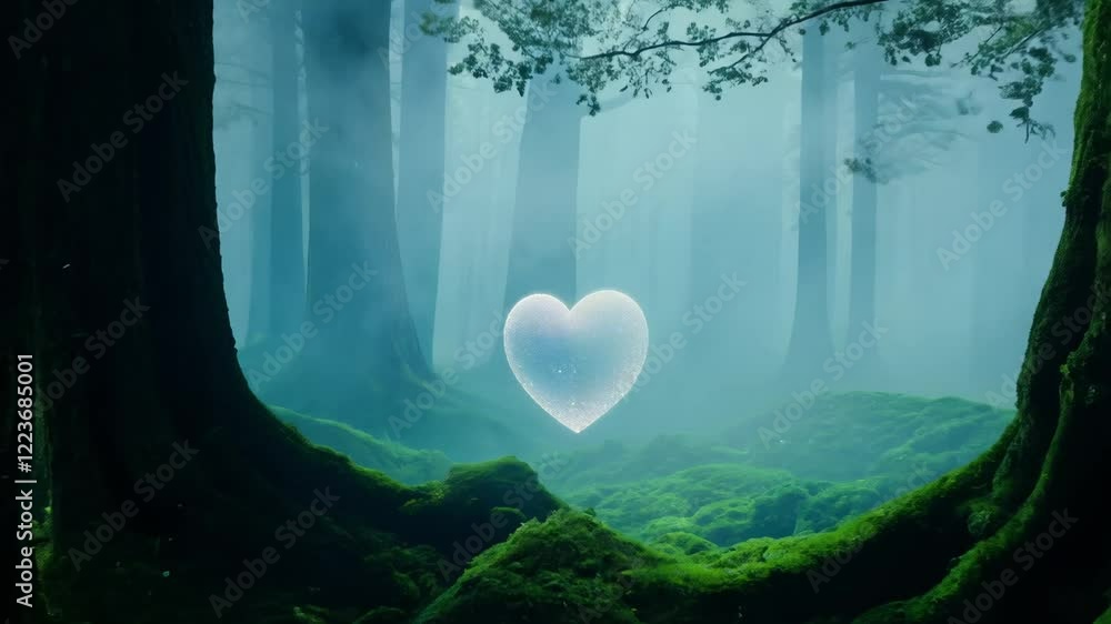 Poster dolly in ambient light video of a sparkling heart materializing from swirling mist in a mysterious f
