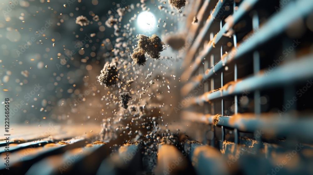Poster air pollution pm2.5:dynamic dust particles creating motion in soft light
