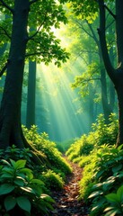 Obraz premium Vibrant green forest scenery with sunlight casting dappled shadows, nature, verdure, shade