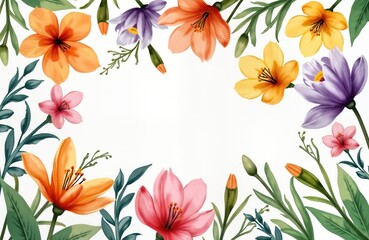 Fototapeta premium Colorful floral illustration. Vibrant flowers, leaves create decorative border on white background. Arrangement perfect for spring summer design. Looks great as card design. Watercolor style adds