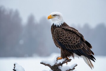 Obraz premium Bald eagle perched on a snowy branch in a winter landscape.