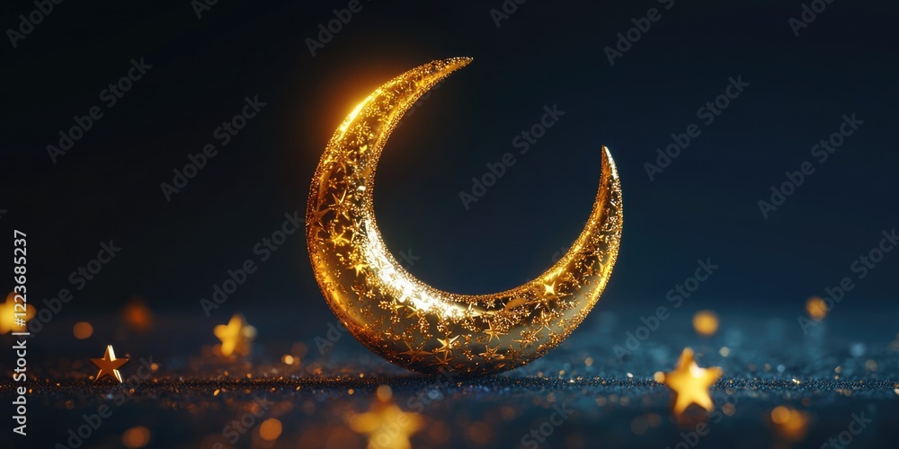 Poster a gold crescent moon is surrounded by a starry sky. the moon is illuminated and he is floating in th