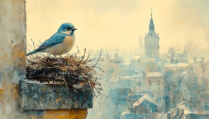 Watercolor a sparrow building a nest in the eaves a bustling city building