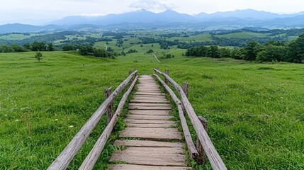 Wooden path leading to mountain valley