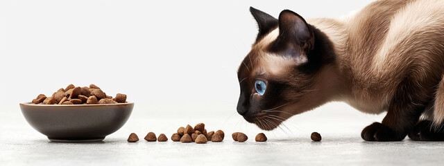 Curious Siamese cat explores kibble bowl in clean and modern kitchen setting