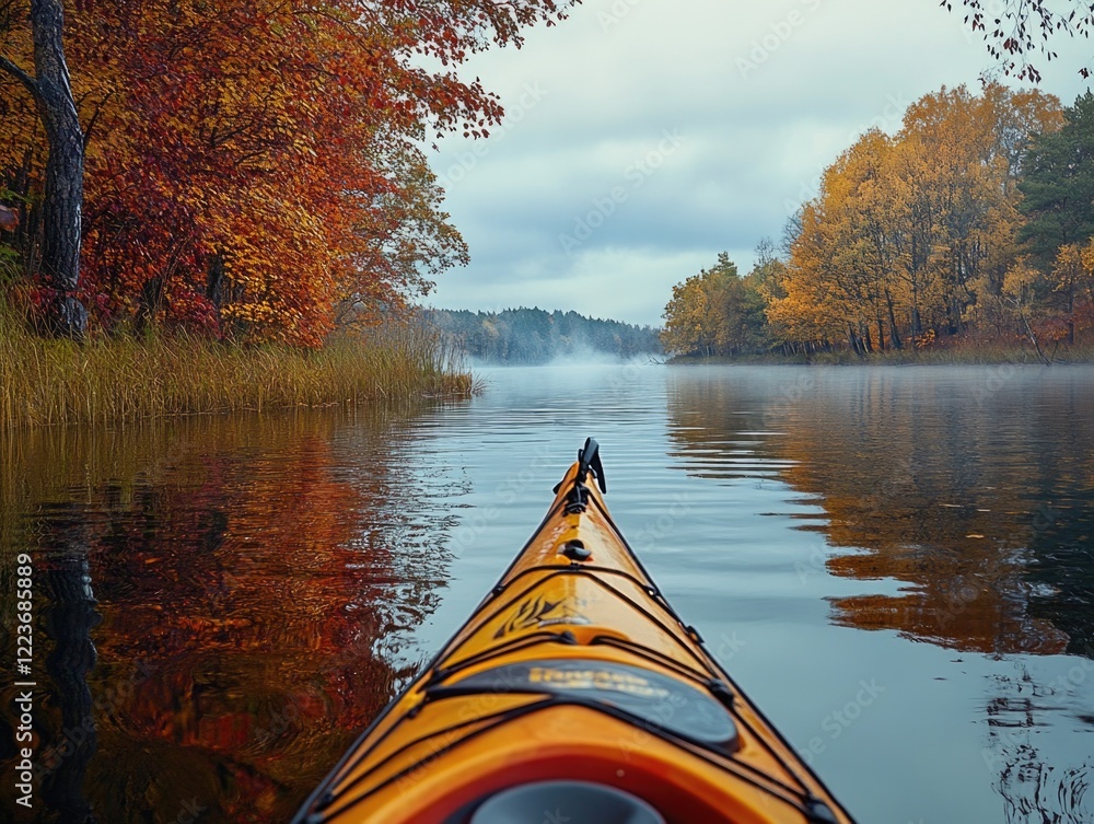 Poster a kayak is in the water with a view of the trees and the water. the water is calm and the trees are 
